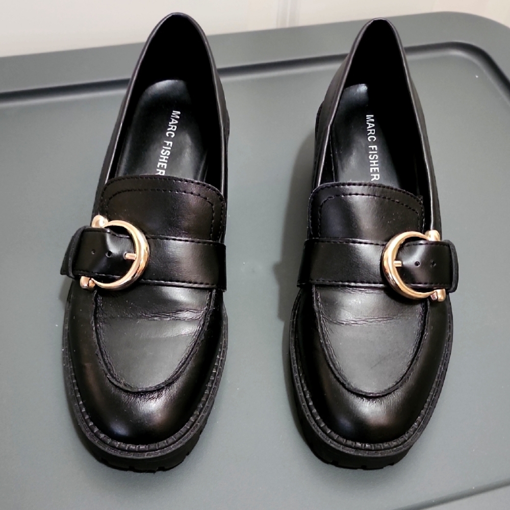 Marc Fisher Black Loafers with Gold Buckle